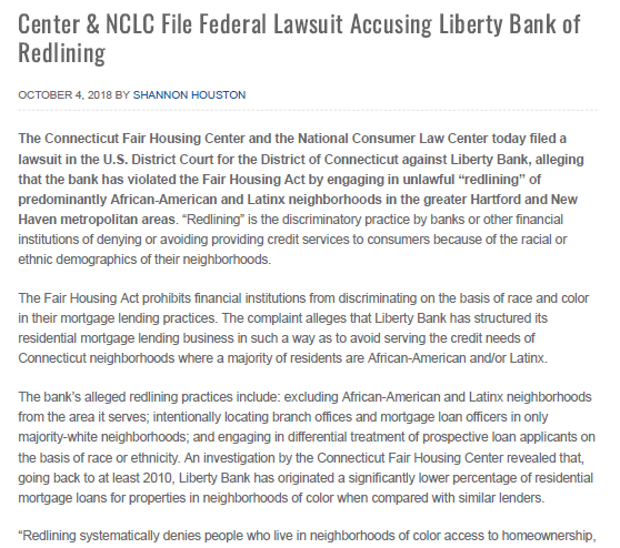 Image of first few paragraphs of a blog post and press release I did for a legal case on fair lending. Click through to read the PDF.