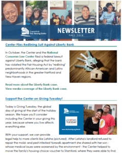 Image of CT Fair Housing Center Fall 2018 E-Newsletter. An attractive custom-designed heading is at the top, followed by excerpts of newsletter stories and images. (Post contains PDF of actual newsletter.)
