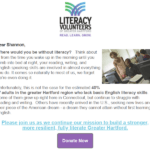 Shows a preview of a fundraising email written for Literacy Volunteers of Greater Hartford. Click PDF to read full text.