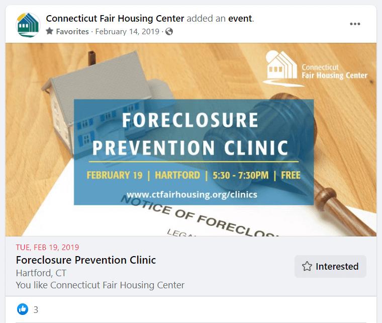 An example of a Facebook event page design. The image shows a Facebook event post with an image of a house and a notice of foreclosure. Over the image is text with details about one of the Center's upcoming foreclosure prevention clinics