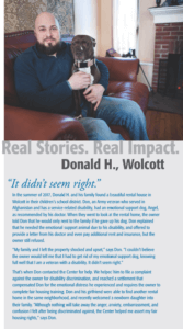 Donald is pictured seated in a leather armchair with his arms wrapped around a dog sitting in his lap. Read his story.