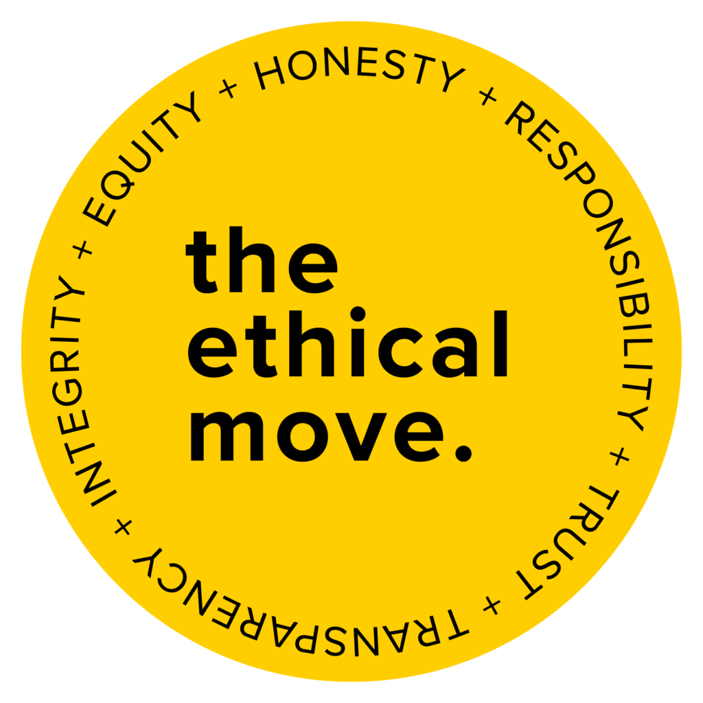 The Ethical Move logo in black text on yellow background with values in a circle outline: Honesty, Responsibility, Trust, Transparency, Integrity, Equity. Links to theethicalmove.org