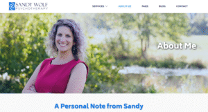 Screenshot of "About" page of refreshed Sandy Wolf Psychotherapy website